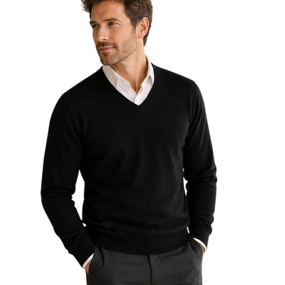 Harrods Scotland Mens Cashmere Sweater Vneck Black SZM Luxury Knit Classic